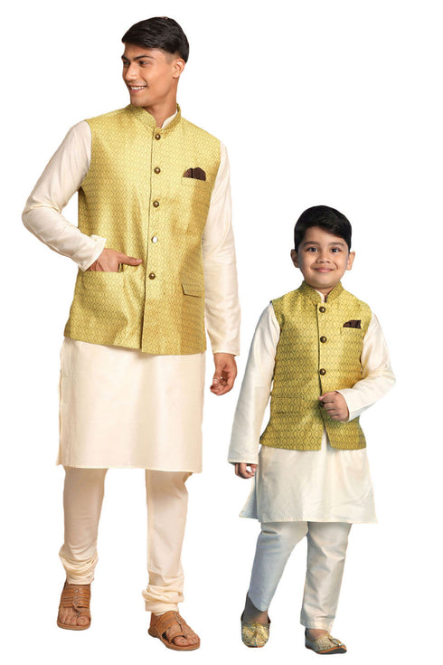 VASTRAMAY Yellow Woven Jacket With Cream Kurta and Pyjama Baap Beta Set